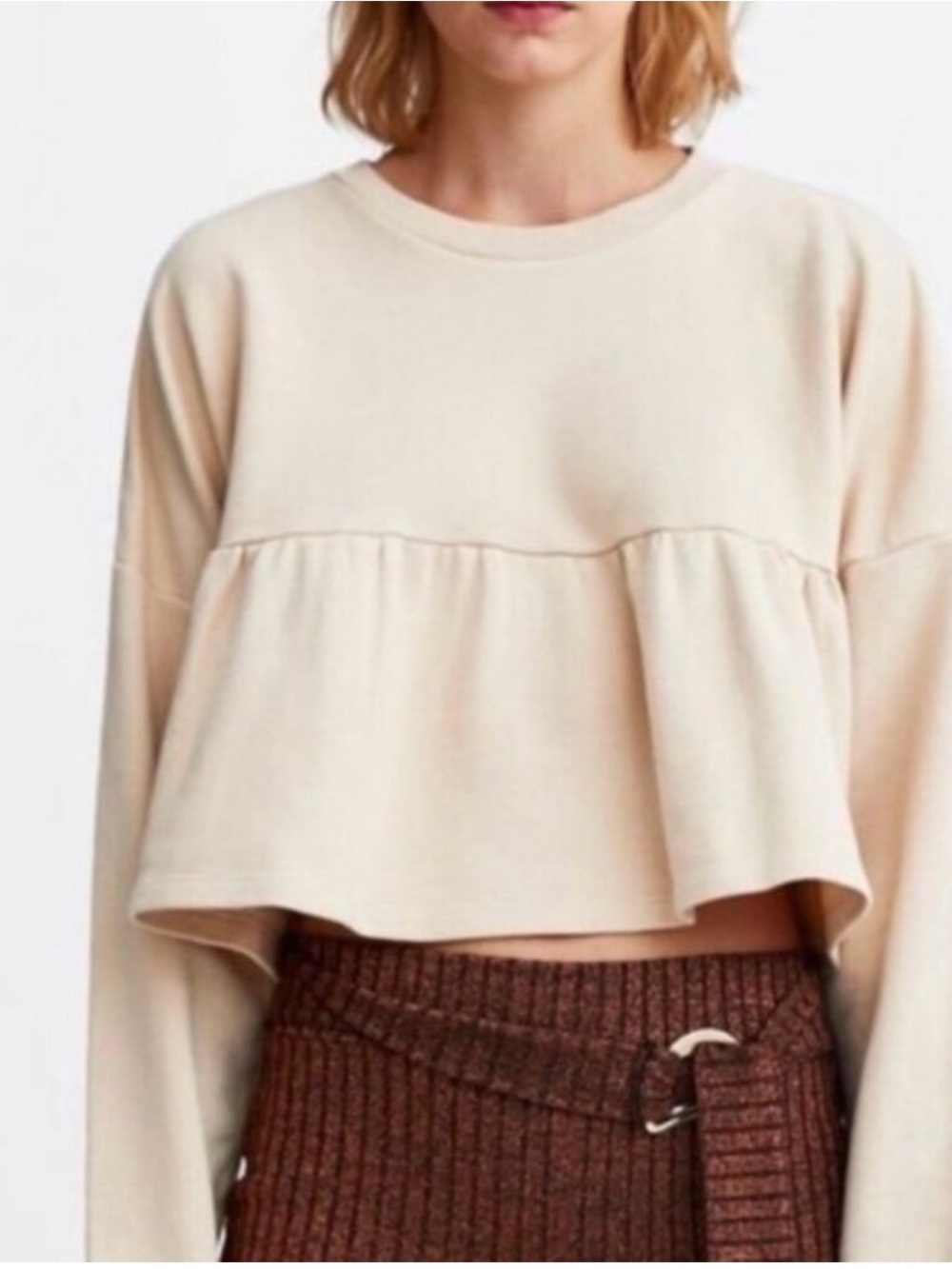Zara Cream Ruffle-Hem Cropped Sweatshirt